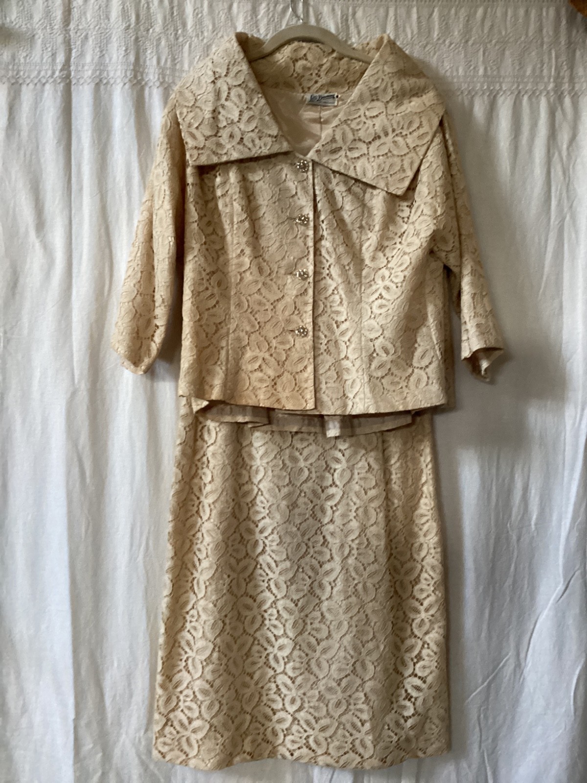 VTG Lilli Diamond of California 2pc DRESS Jacket Beige, Lace rhinestone, 8-10