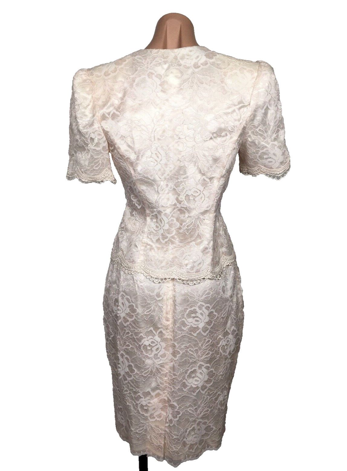 VTG 80s Lace Blush Pink Suit Skirt Pouf Sleeve Jacket Wedding Party DRESS P 6