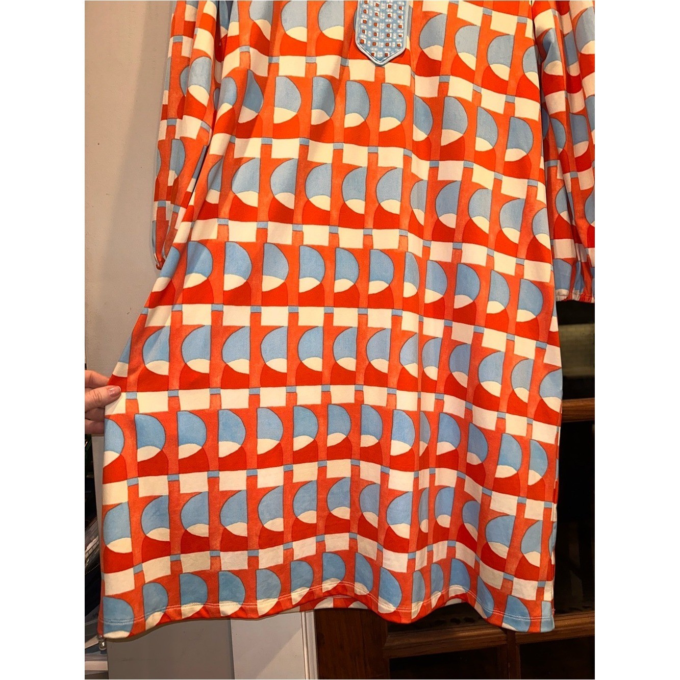 J. McLaughlin Size Large Retro Geometric MIDI Dress in Coral & Light Blue