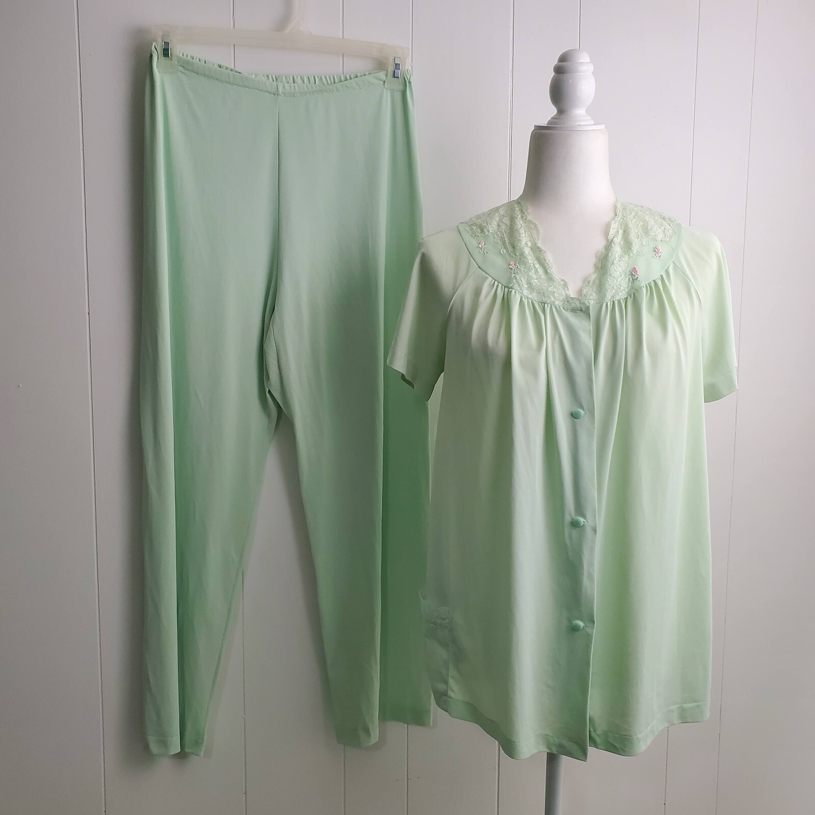 70s Pajama ShadowLine Women’s Nylon Vintage Set Shirt Pants Mint Green 34 Lace