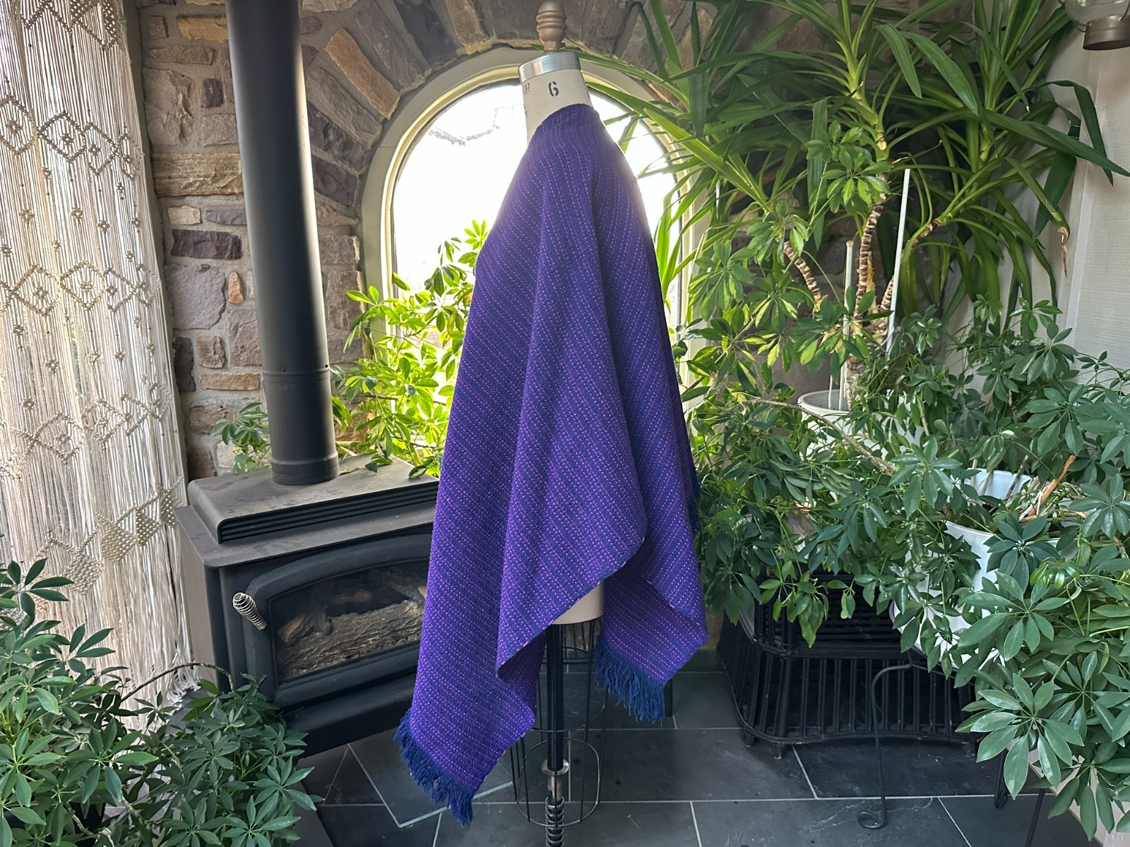 Vintage Bohemian Blue and Pink Hand Woven Stripe Wool Poncho Cape Shawl
