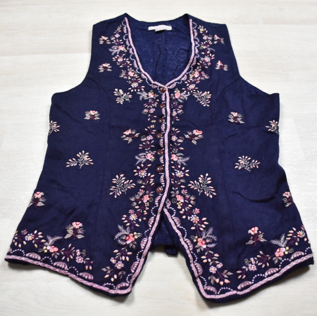 90s Kar A Van Embroidered Floral Button Vest Blue Pink Medium Cotton Rayon VTG