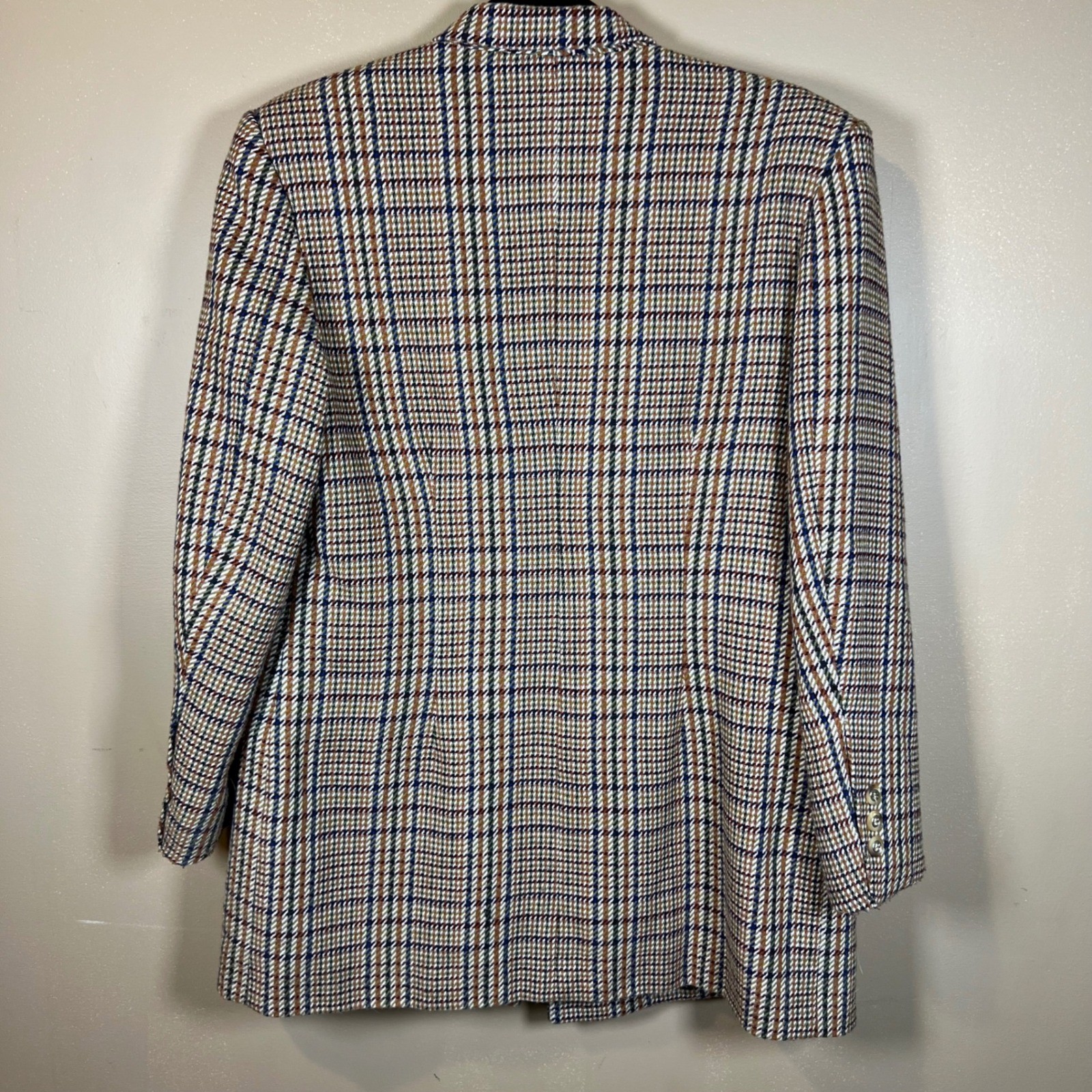 Hugo Buscati Milano Vintage Plaid Skirt Suit Brown Blue Wool Blend Size 8 USA
