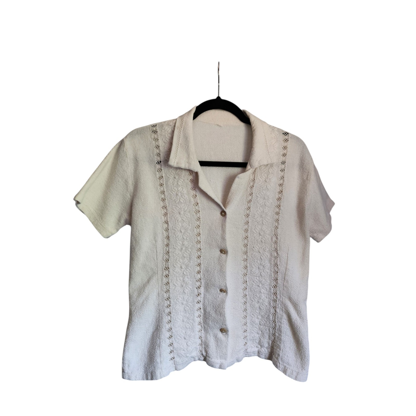 Vintage White Textured Button Front Blouse, Lace Detail, Cottagecore, Size M
