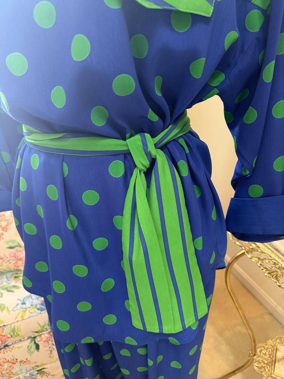 Vintage 80s Danielle Paige Blue Green Polka Dot Pant Set Washable Silk Made USA