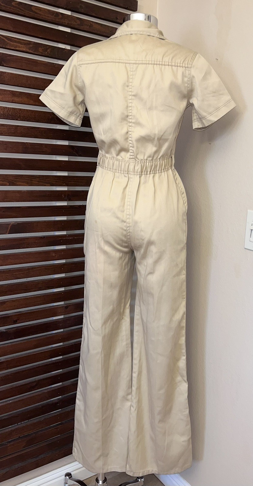 JC Penney Fashions 1970s 70s Vintage Beige Short Sleeve Wide Leg Jumpsuit Pocket
