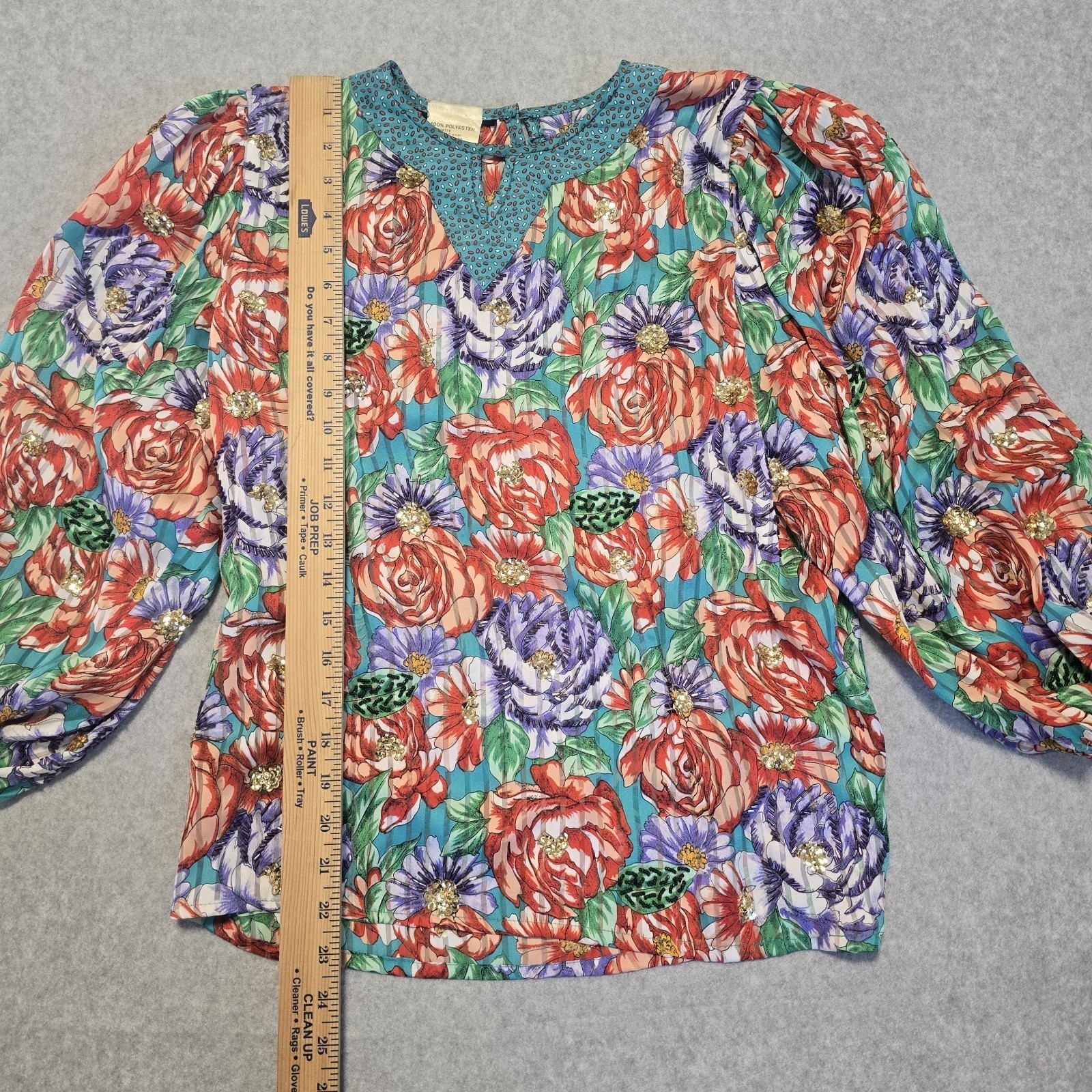 Vintage Floral Sequin Blouse Womens L Multicolor Pleated 80s Balloon Sleeve