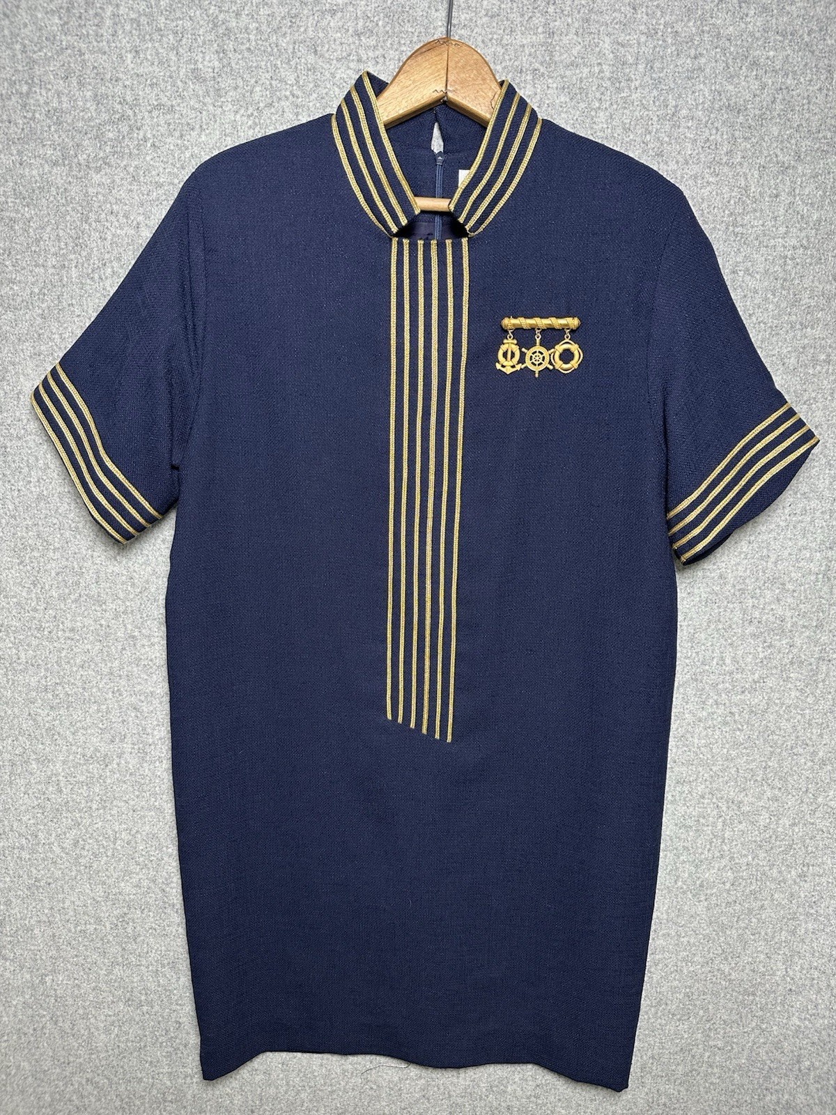 Vintage Junniette Size 6 Navy Blue Gold Womens Dress Sailor Nautical Stewardess