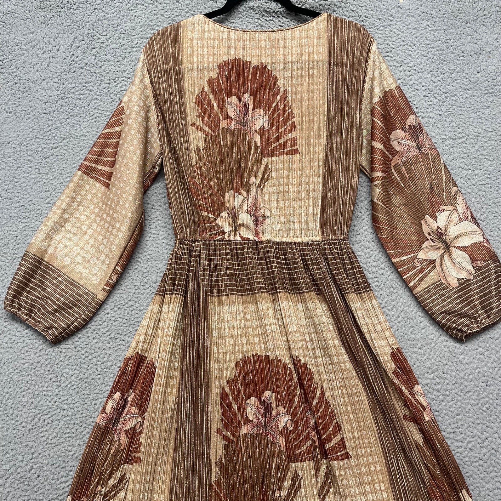 Vintage Dress Womens M Metallic Gold Floral Miss Carol Long Sleeve Classy 60’s