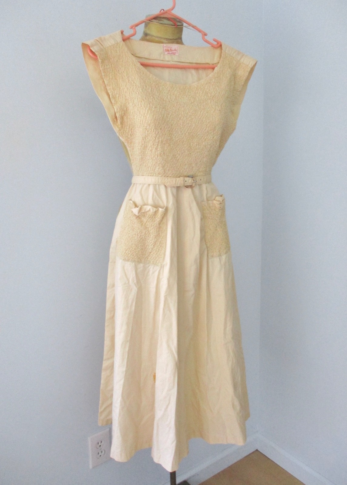 Vtg 40s 50s butter yellow Sanforized cotton dress smocked bodice pockets belt XS