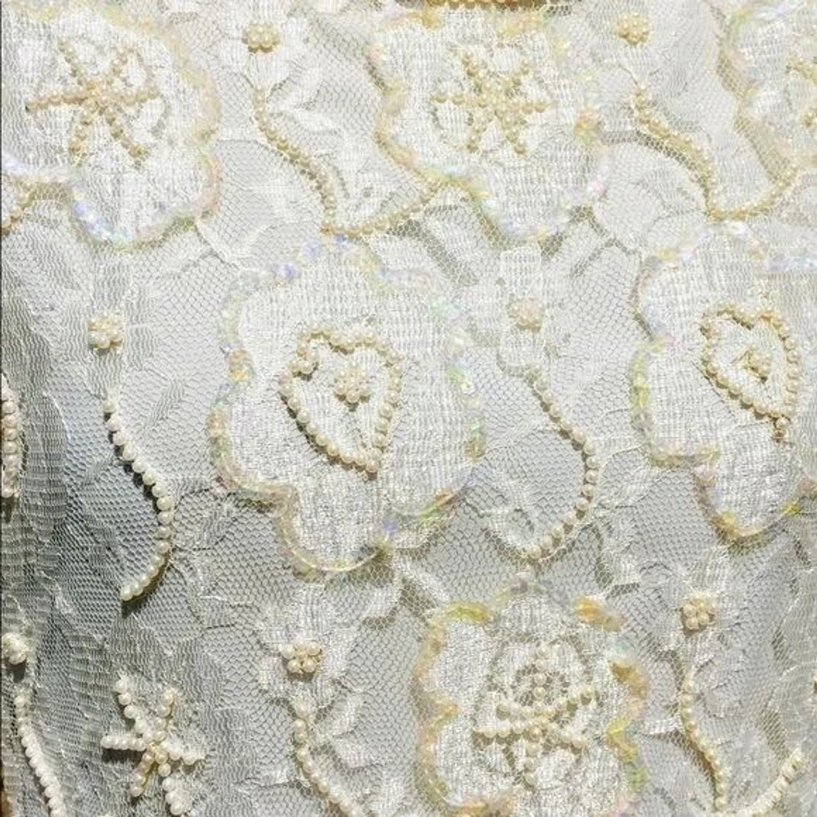 Vintage Laurance Kazar Creme Pearl Beaded Sequined Tiered Chiffon Formal Dress