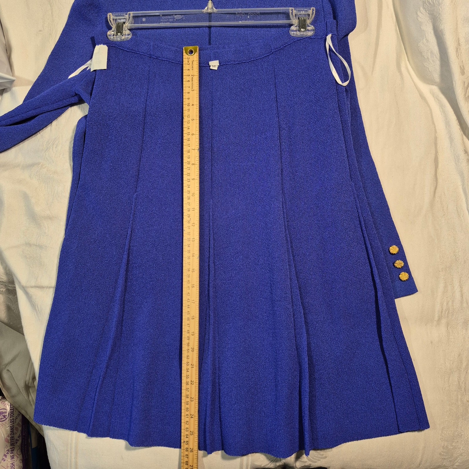 Vtg Castleberry Knit Skirt Suit Set Womens 14 Royal Blue Gold Button 80s MINT