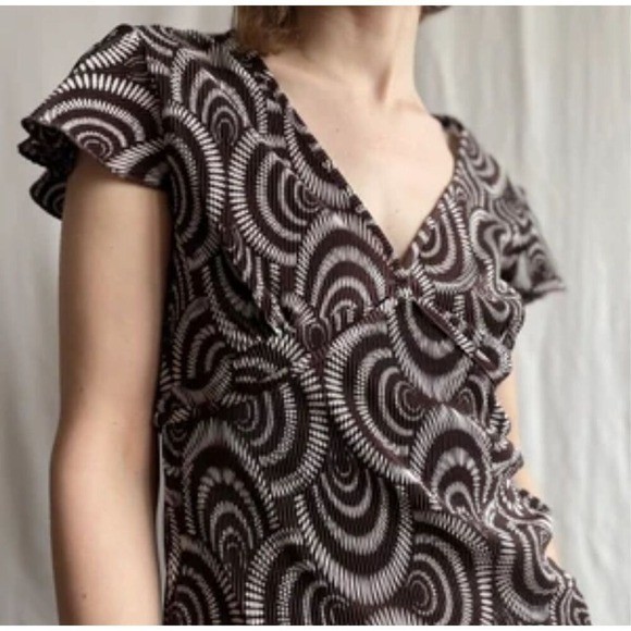 90s Vintage London Times Sz 14 Womens Swirl Print Vneck Flutter Sleeve Tie Dress