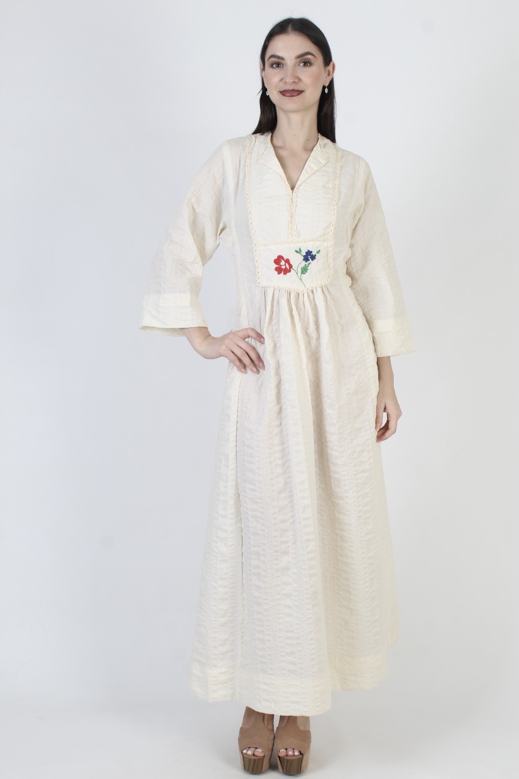 Vtg 70s Cream Seersucker Prairie Dress Bell Slv Peasant Boho Wedding Maxi Gown