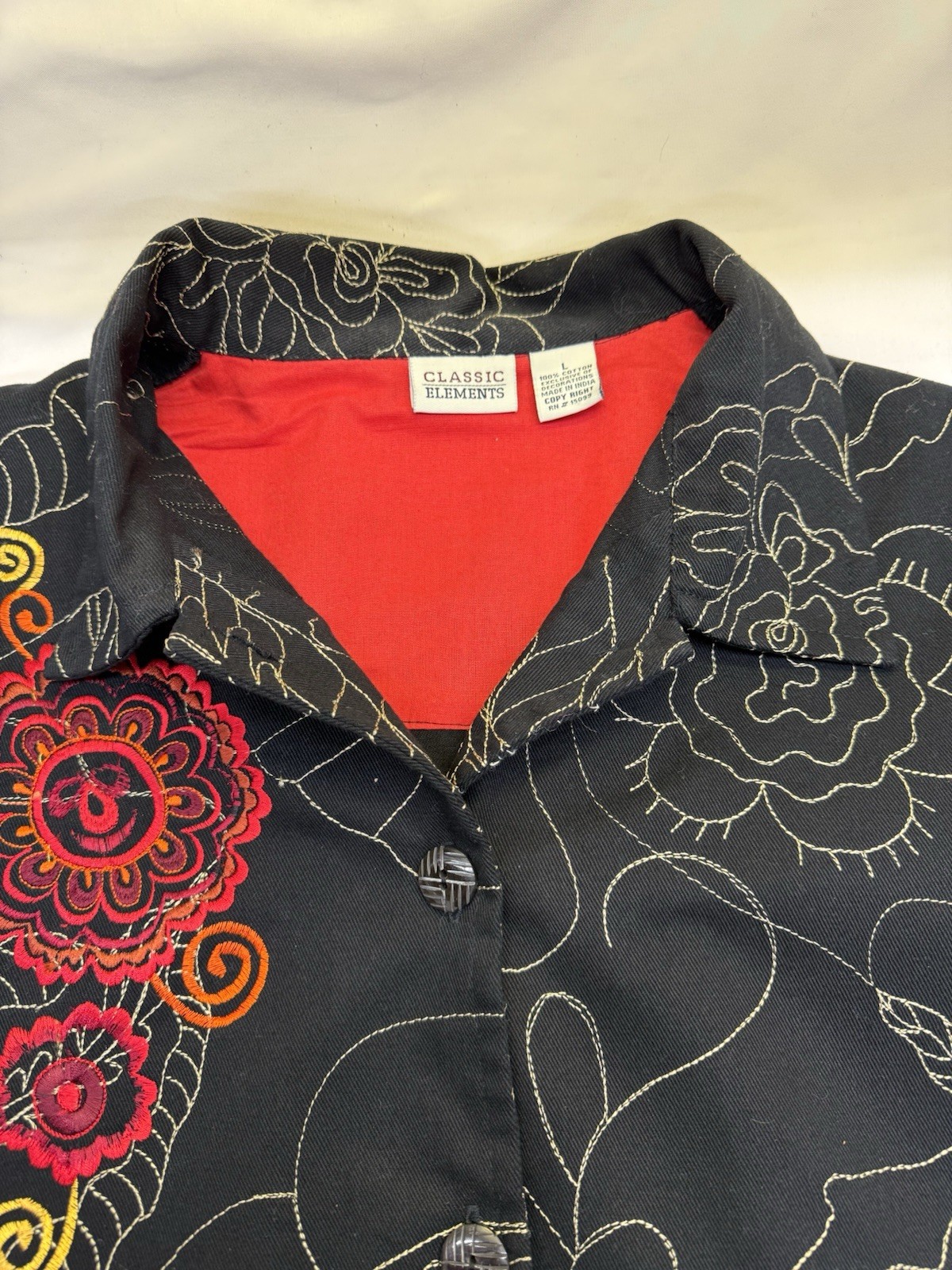 Vtg Classic Elements Jacket Embroidered Black Floral Women’s Size L