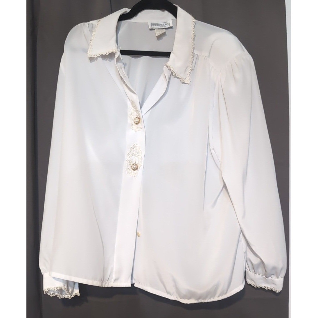 Impressions of California Vintage White Lace Pearl Button Blouse, Women’s Large