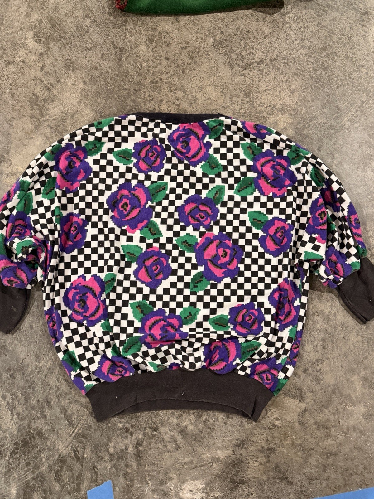 Vintage Sloppy Joes Vintage Geometric Floral Sweater Black Purple Green Pink