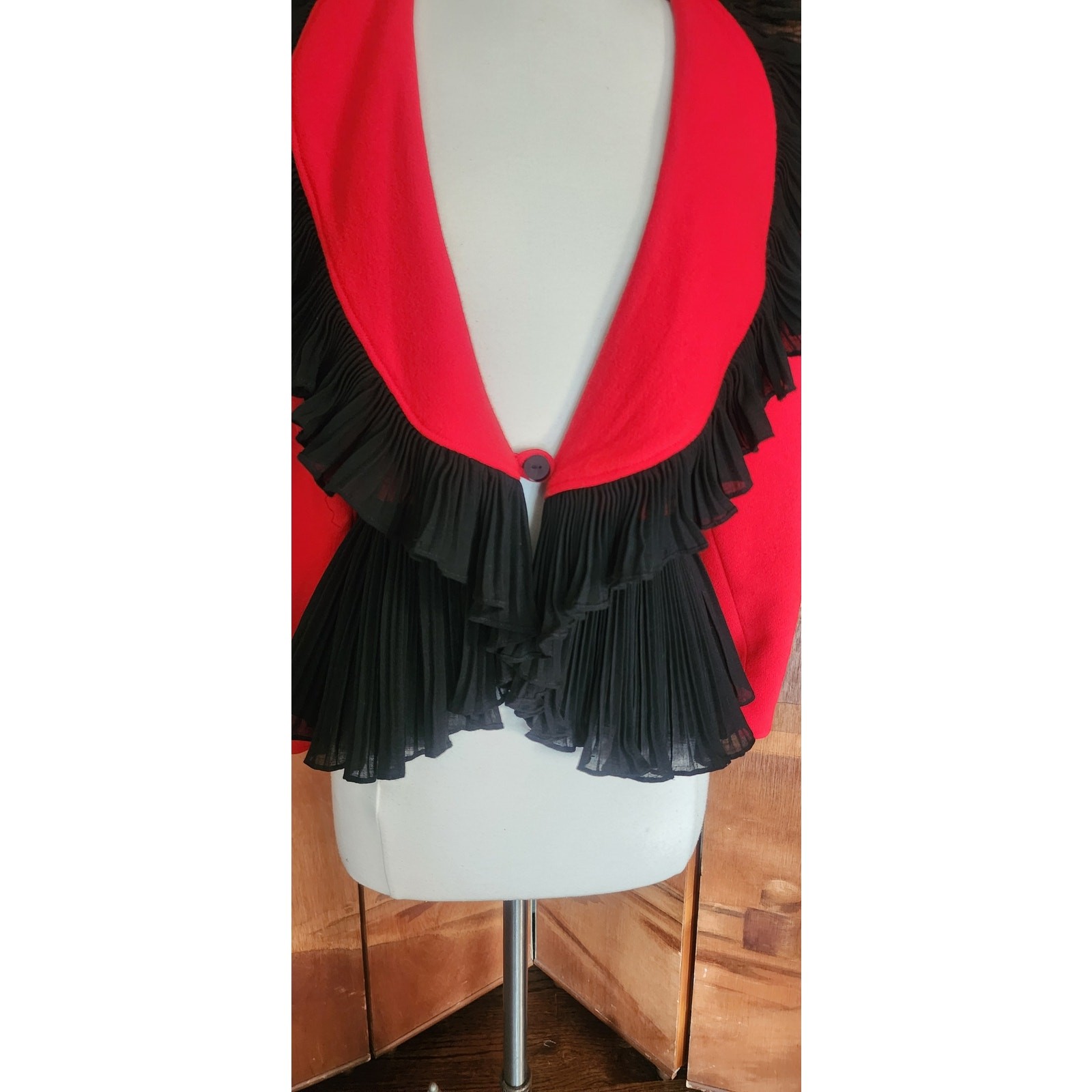 Vintage 1980s Jean Muir Jacket Red Black Ruffle Trim Evening Blazer with Peplum