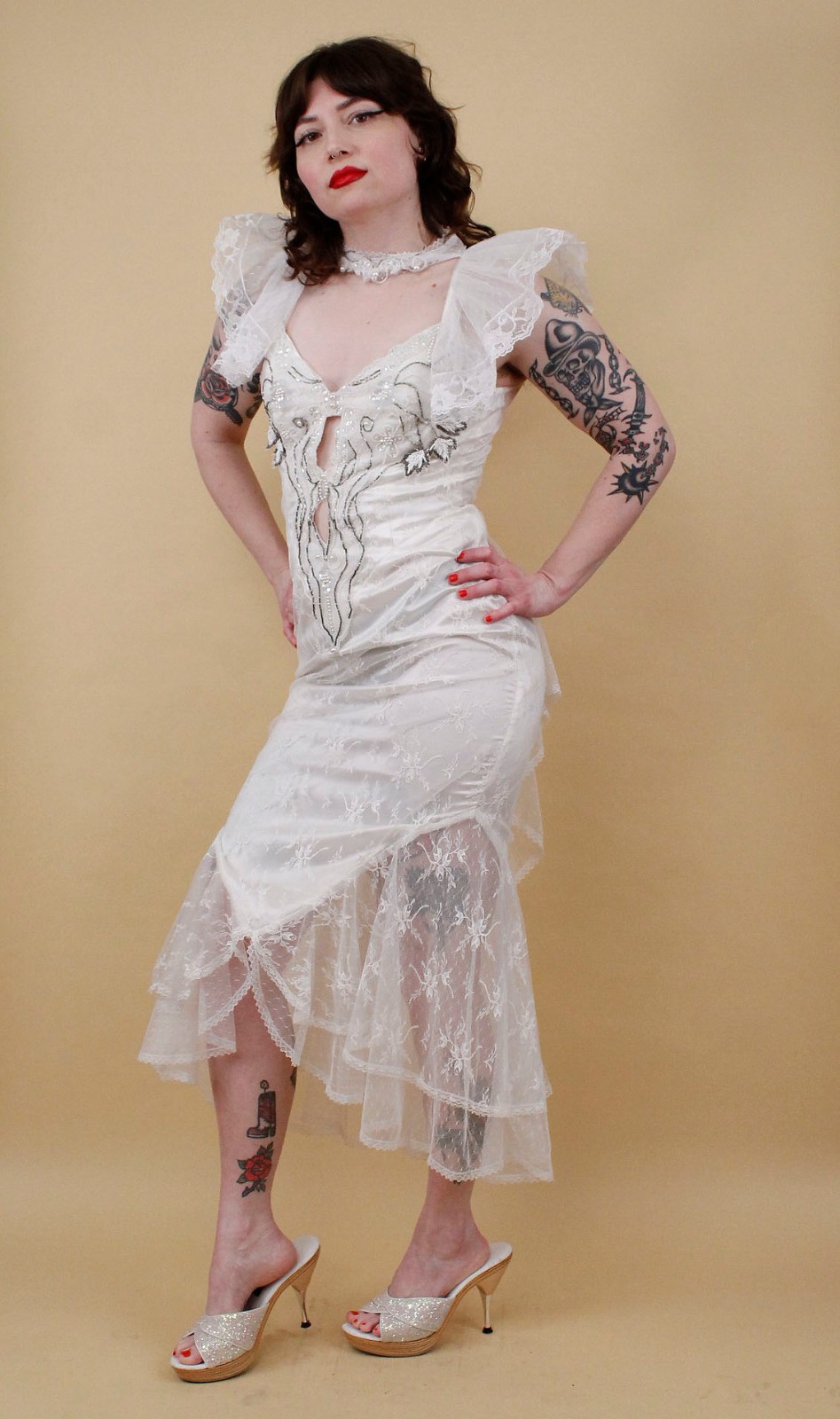 80s Vtg CLIMAX Karen Okada White Lace Angel Sleeve Dress Sheer Mesh Glam Mermaid