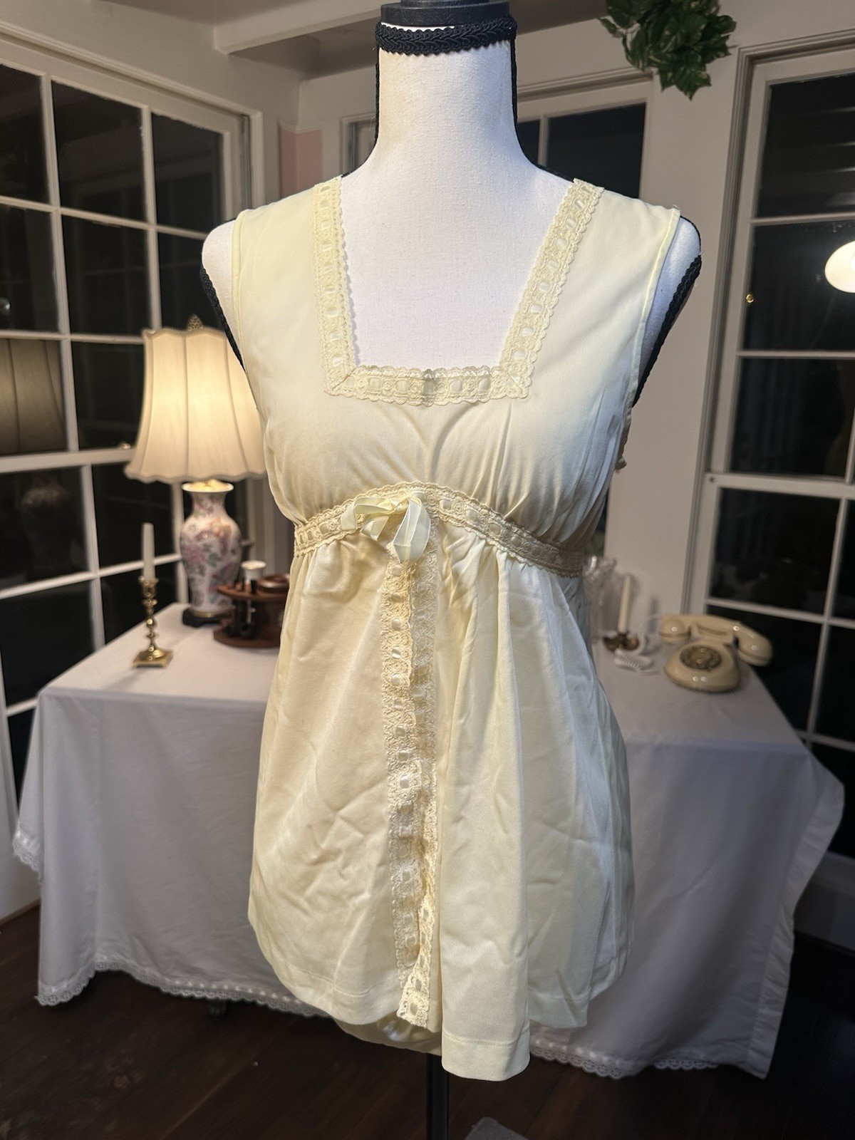 Vintage 60s Yellow PJ Cami XS Lace Ribbon Lingerie Intimates Nightie Midcentury
