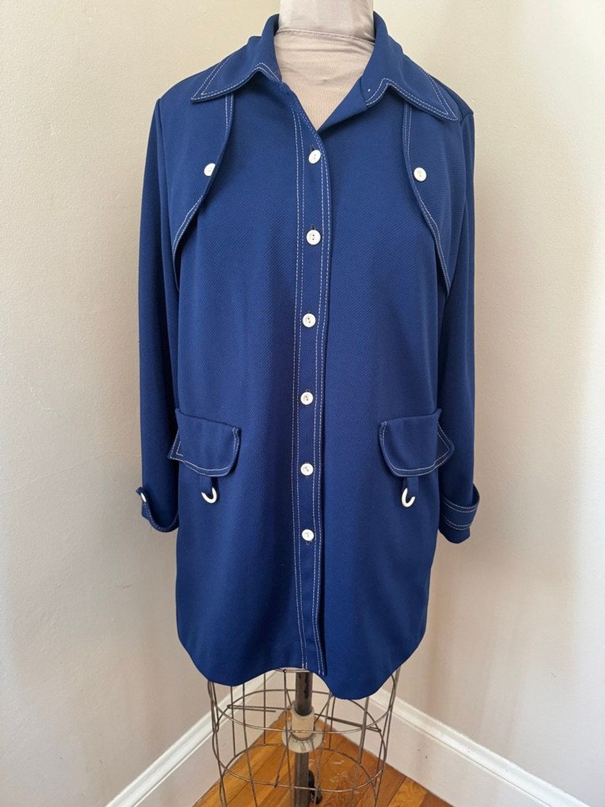 Vintage Navy Poly Car Coat with White Buttons and stitching details – NPC fashio