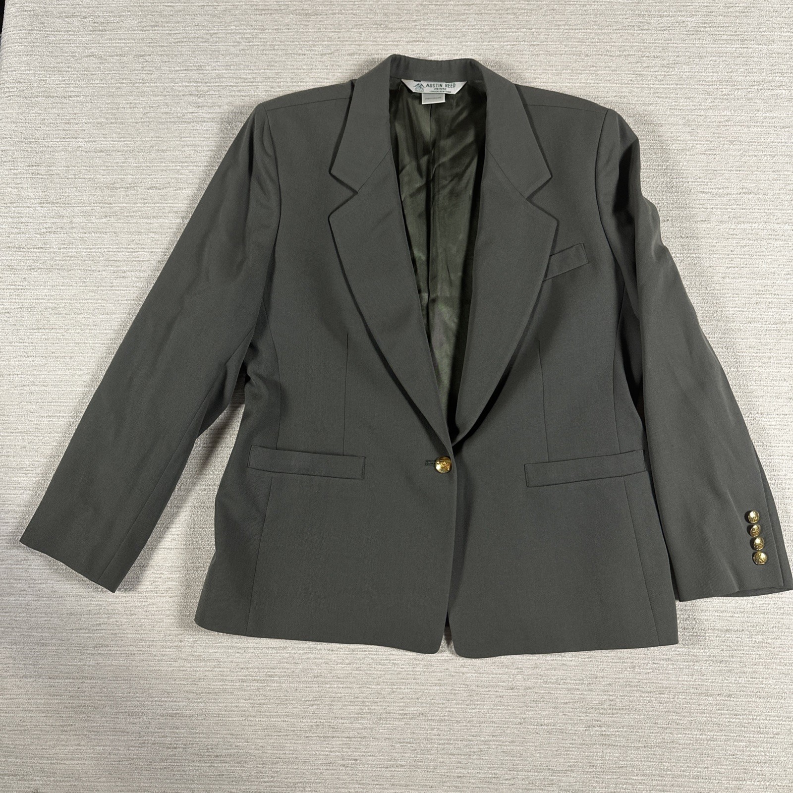 Vintage 80s Wool Blazer Women 14 Petite Olive Oversized Power Suit Made USA