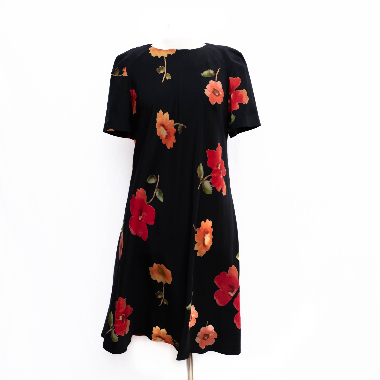 Vintage 90s Maggy London Pure Silk Dress Black w Tropical Flowers Sz 14