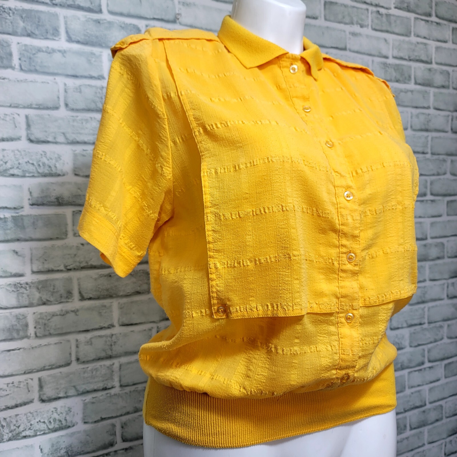 Vintage 80s Neil Martin M/L Yellow Gauze Knit Banded Waist Bottom Blouse