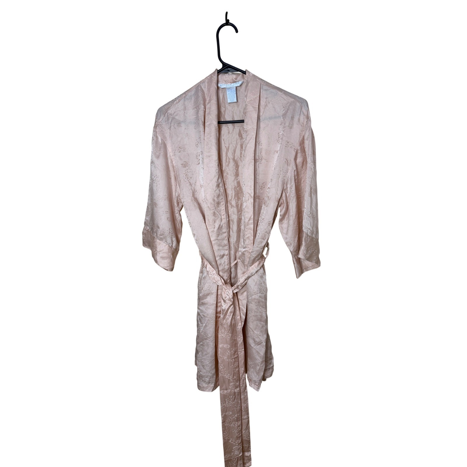 August Silk Intimates Pink 100% Silk Floral Jacquard Robe Medium Vintage