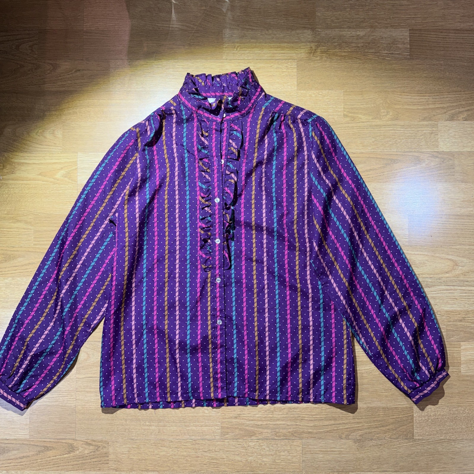 Women’s Purple Striped Polka Dot Blouse Sz Lg High Neck Ruffles Button Up VTG
