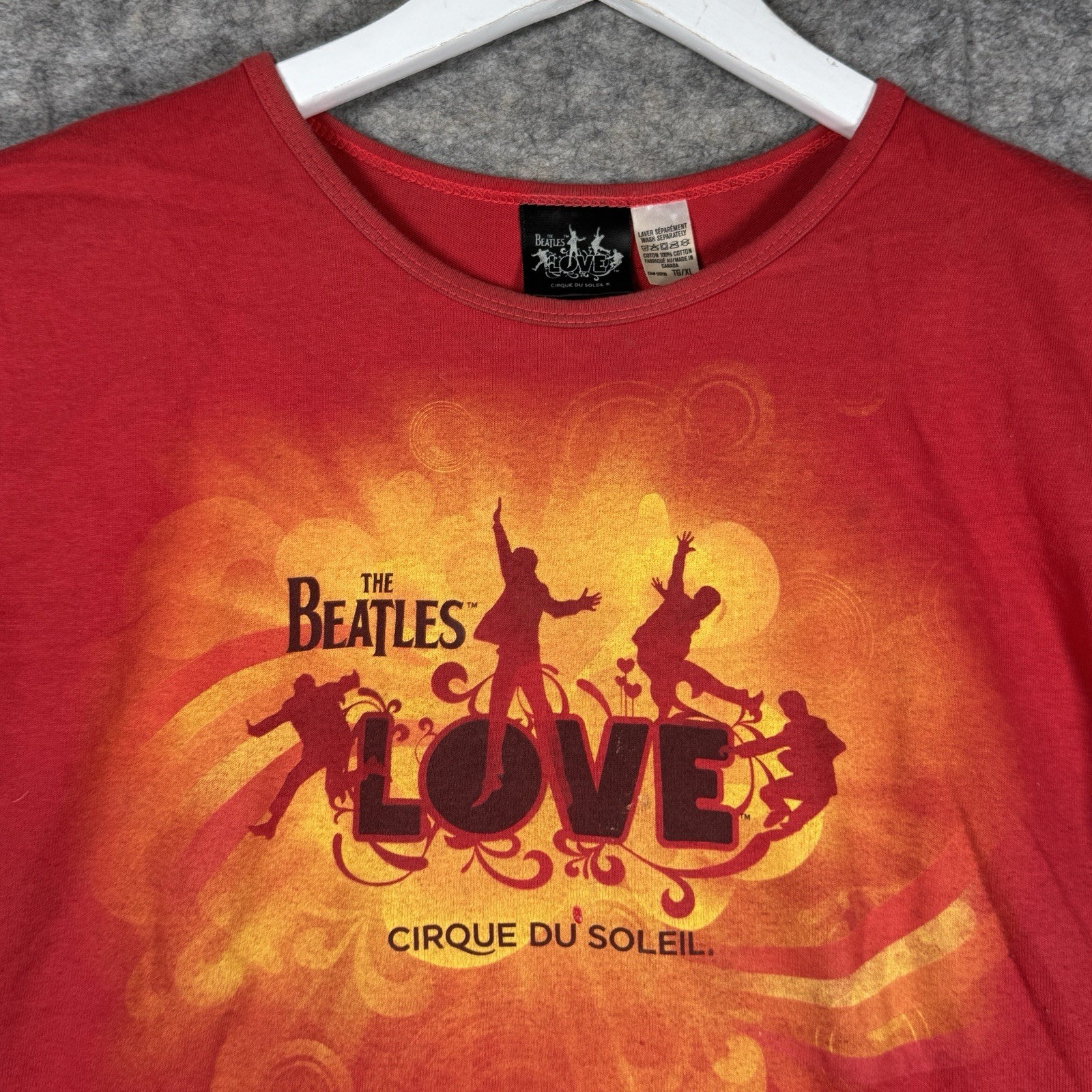 Womens The Beatles Love Cirque Du Soleil Red Graphic T Shirt Top Size XL 20×23