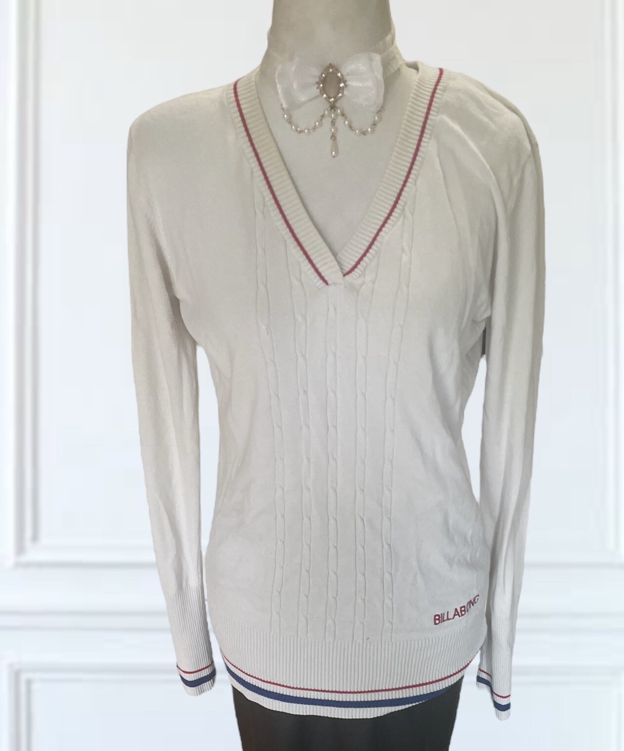 Vintage Cricket Sweater BILLABONG V Neck Long Sleeve Preppy Tennis White Polo L