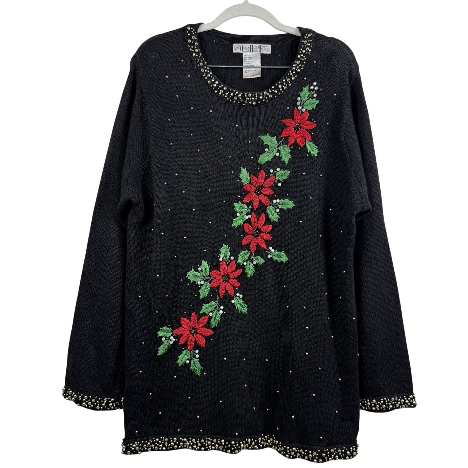 Vintage 90s Beaded Black Embroidered Poinsettia Sweater Large Holiday Christmas