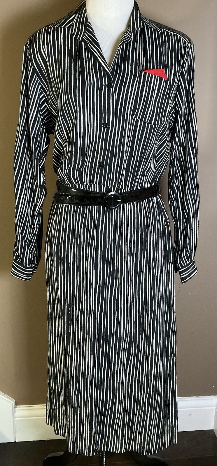 Vintage Petites By Willi 80s 90s Belted Black White Striped Shirt Dress