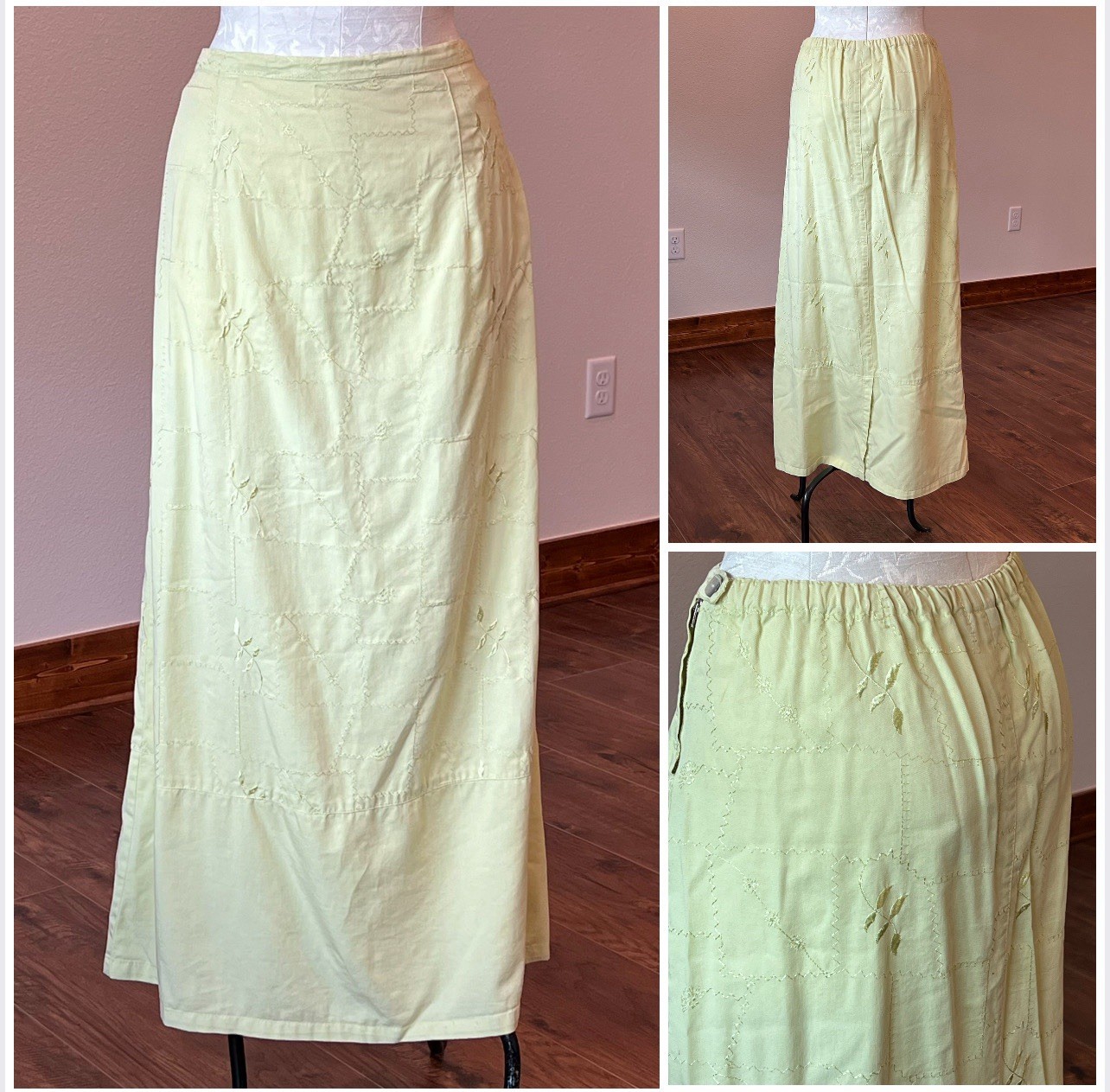 90s Y2K Fairycore Boho Nu Construction Light Green Embroidered Leaf Maxi Skirt L