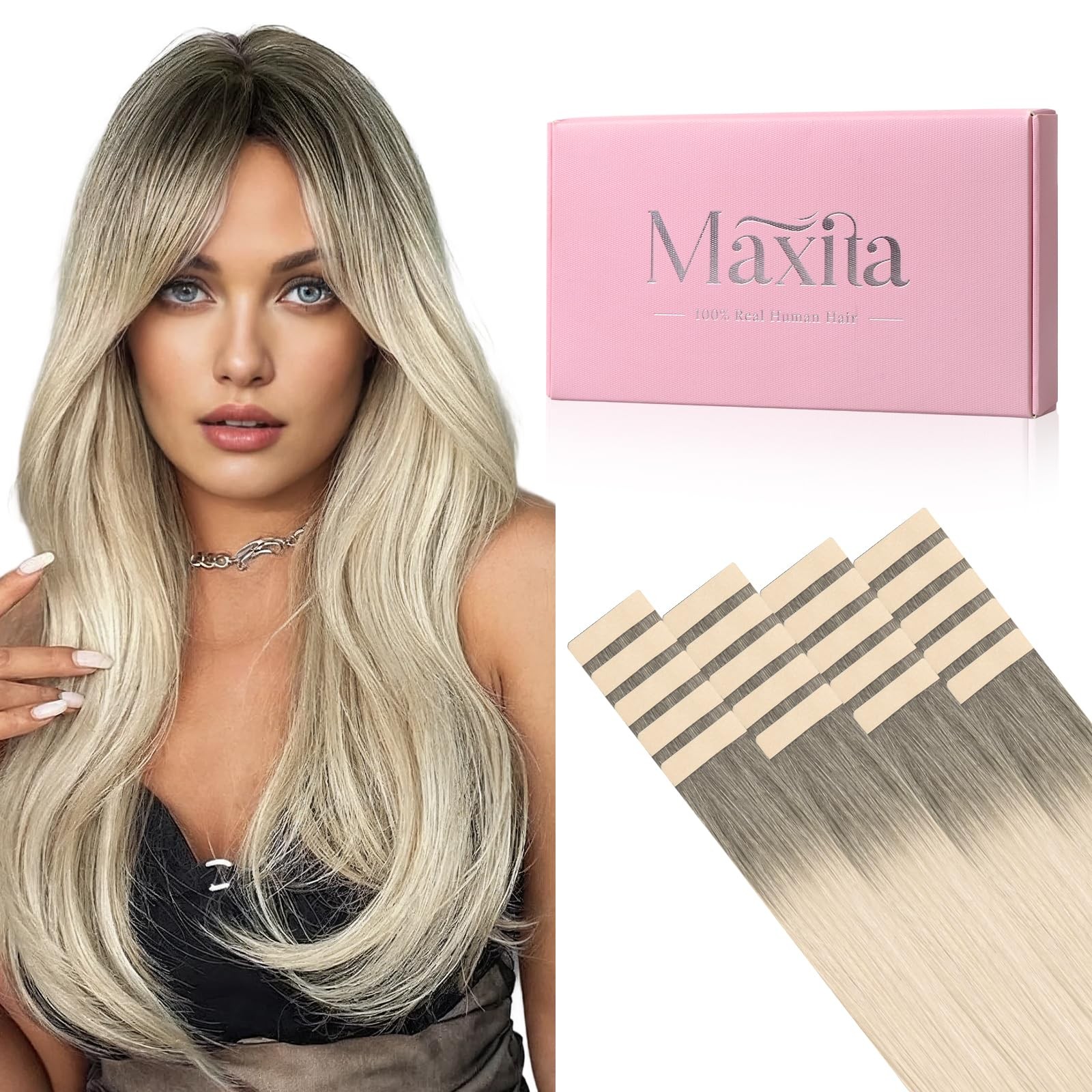MAXITA Tape in Hair Extensions Human Hair Light Ash Brown to Ash Blonde 16 Inch