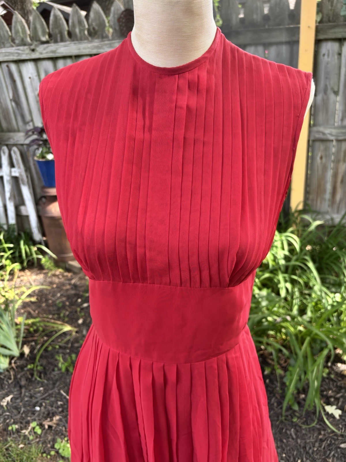 VTG 50s Dress Red Chiffon Pleated Retro Pinup Rockabilly Sz S 32x26x34″