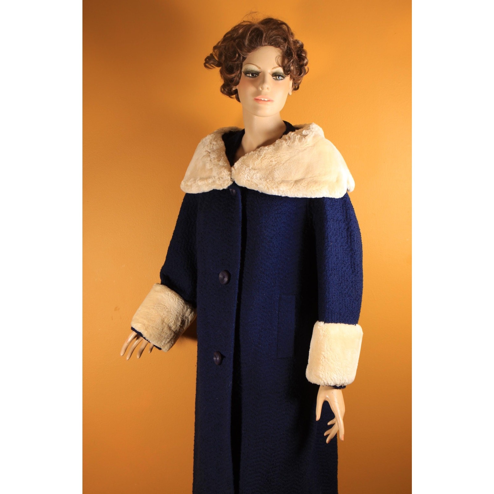 1950s Blue Long Sleeve Cream Sheared Chinchilla Fur Cuff Collar Coat by Adler’s