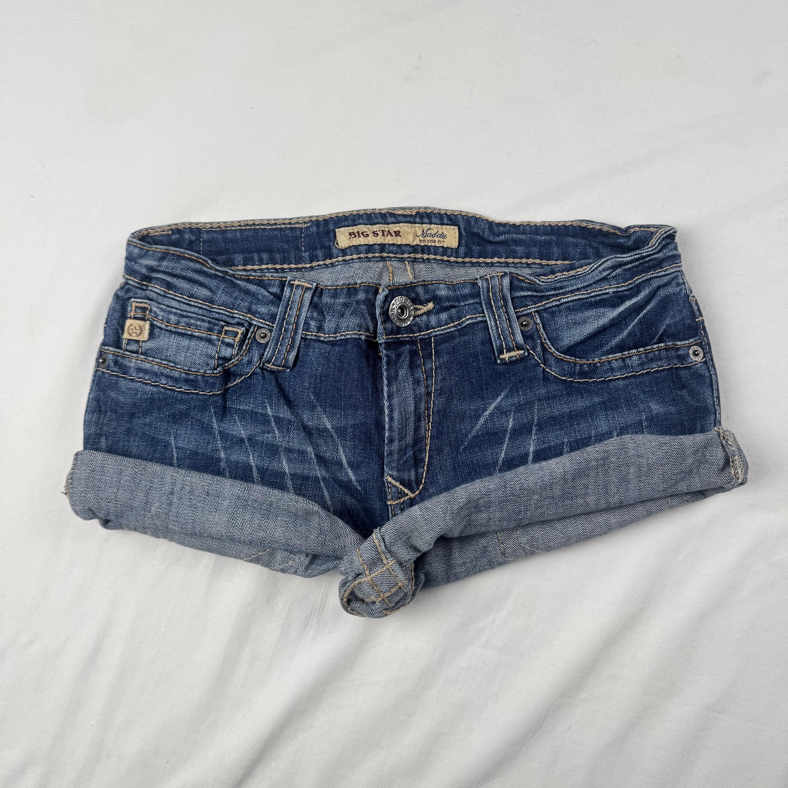 Big Star Denim Shorts Womens 27 Blue Rolled Cuff Embroidered Pockets Casual