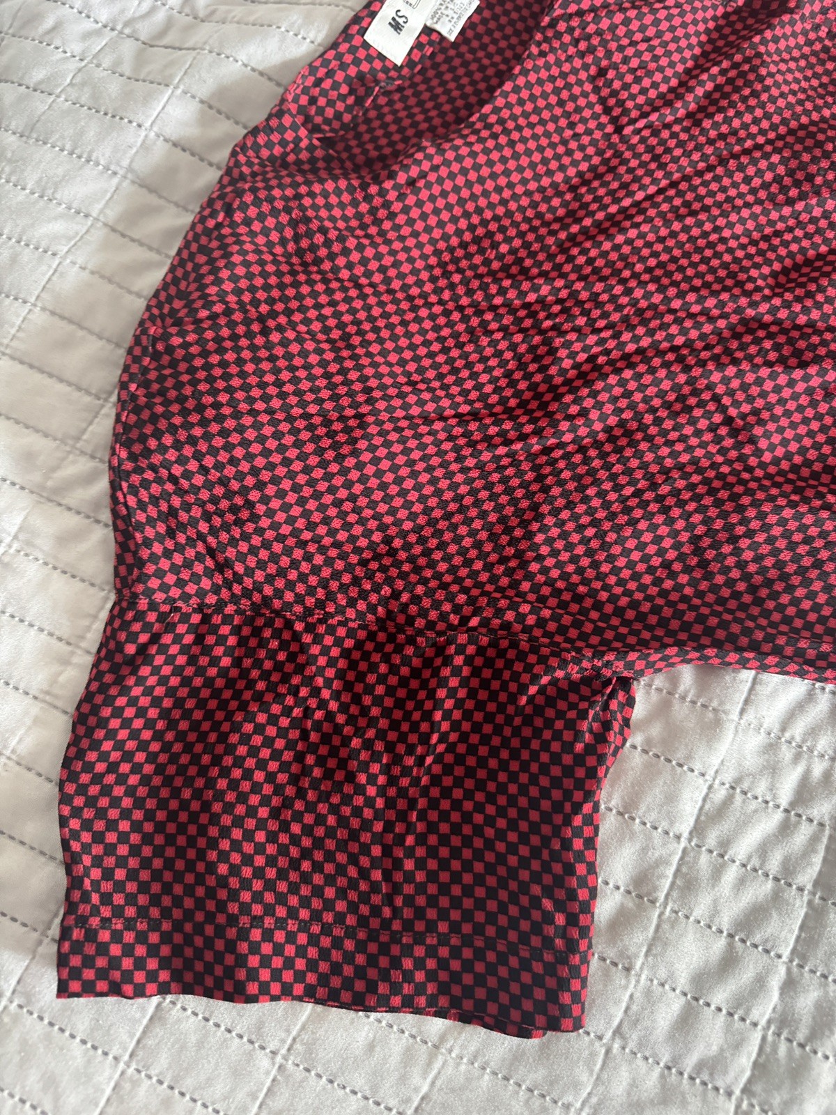 Vintage Ms Chaus Wrap Dress Red Black Check Rayon Midi Pockets Size 14 USA