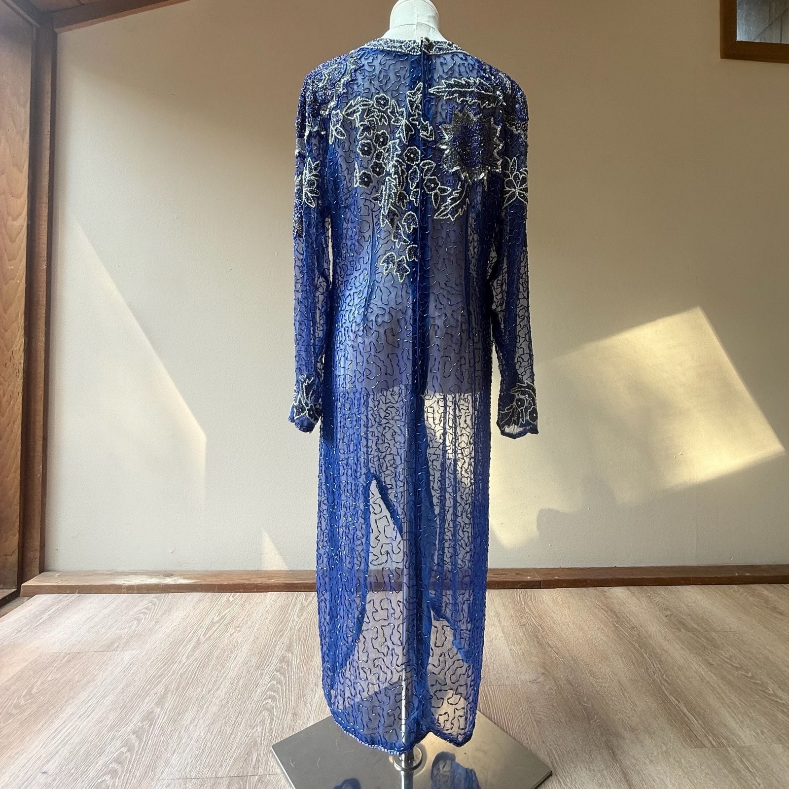 Vintage 100% Silk Beaded Evening Dress Gown Long Sleeve Royal Blue