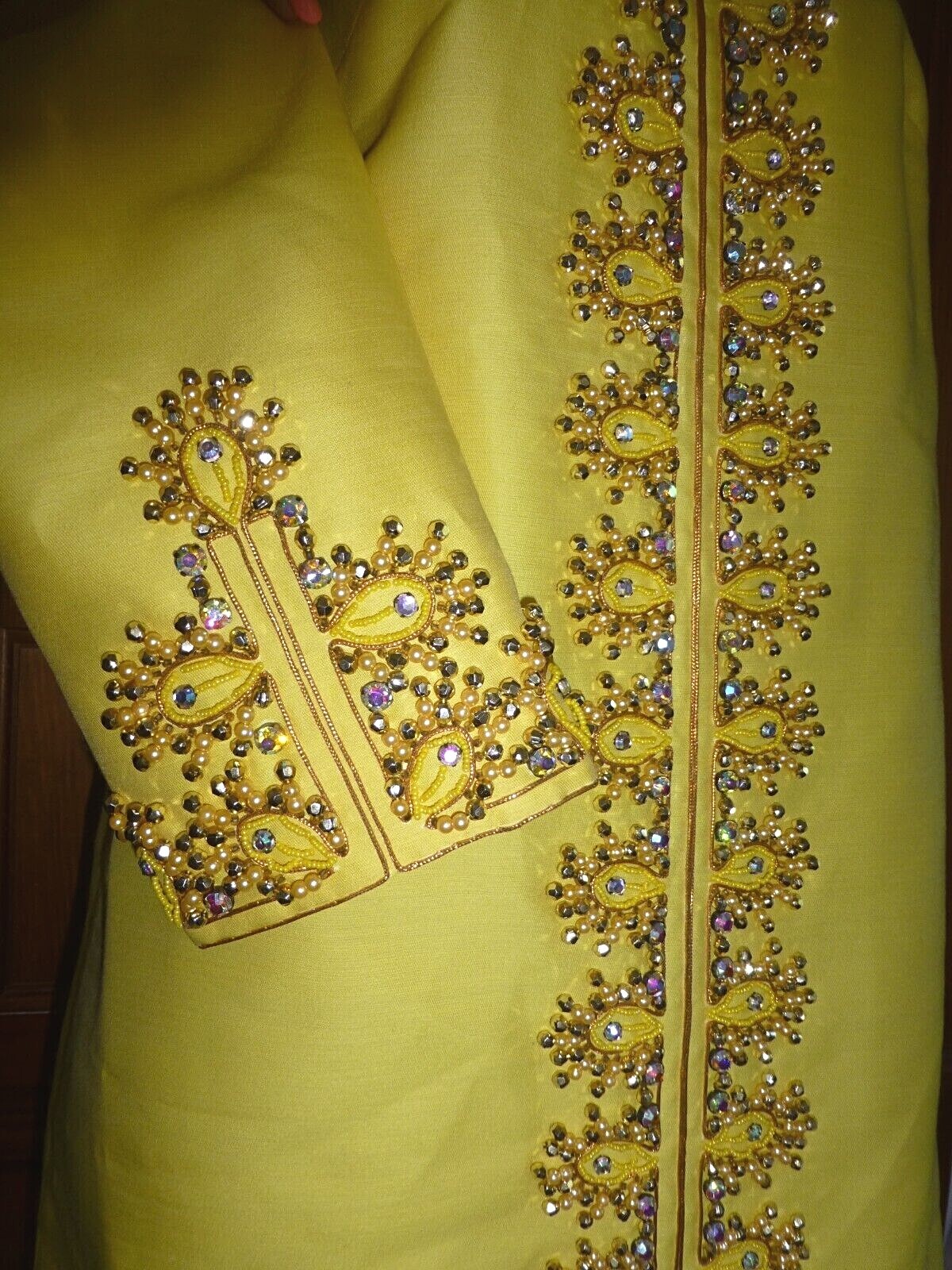 Vtg 60s Yellow Silk JEWELED Rhinestones Pearl Embroidery Cocktail Wedding Dress