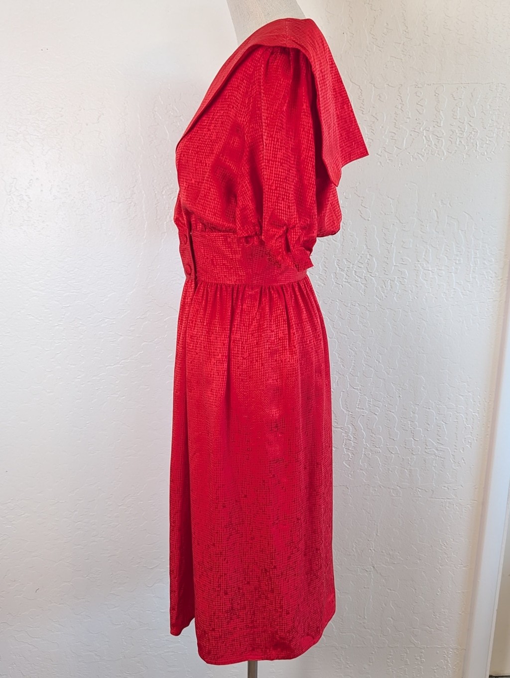 Vintage 80s Red Silk Dress Wrap Bodice Puff Sleeve Midi Cummerbund Waist