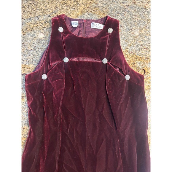 Vtg Niteline Della Roufogali Burgundy Velvet Maxi Dress Rhinestone Formal 10