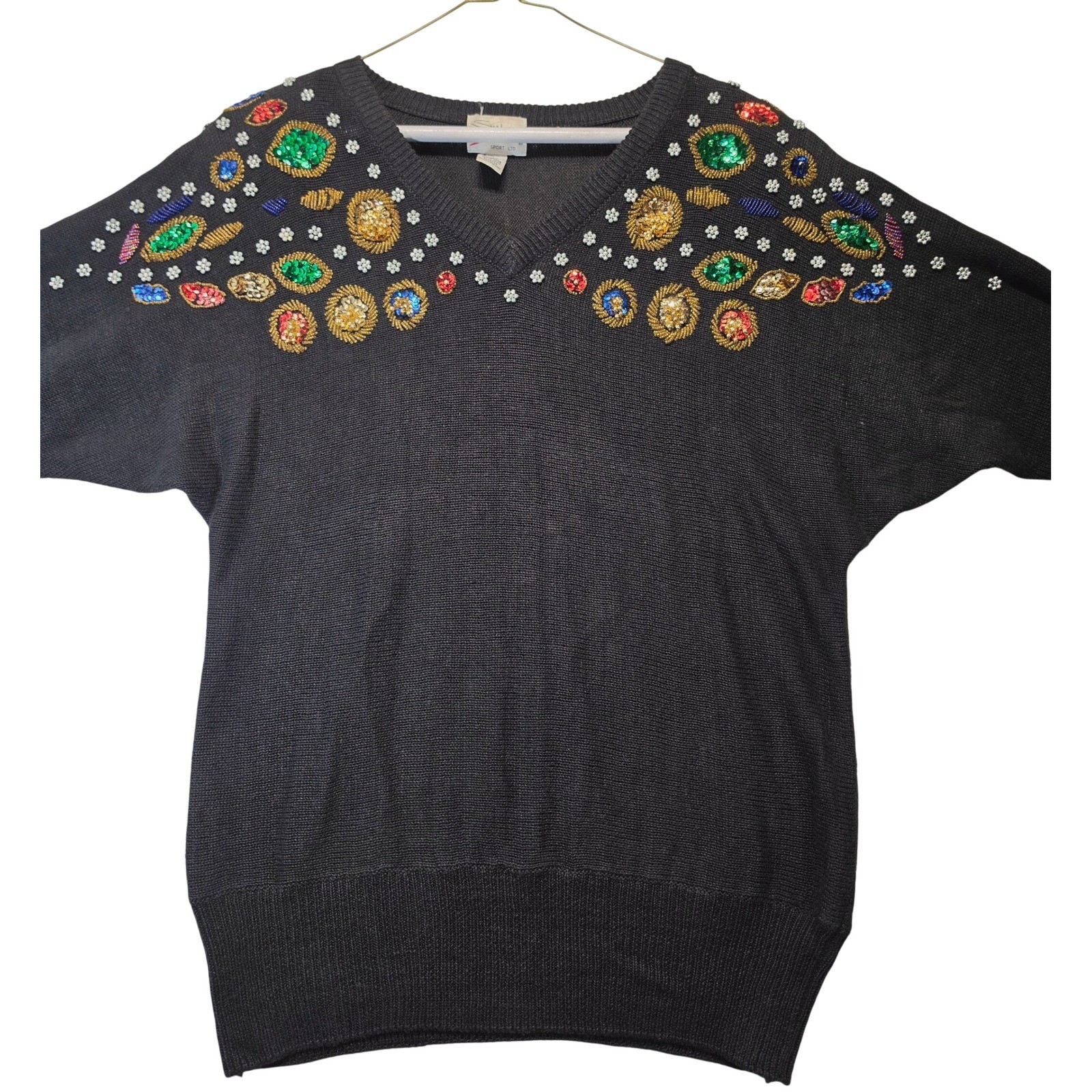 Vintage 1991 SML Sport Ltd Black Beaded Sequin V-Neck Sweater Womens M Retro