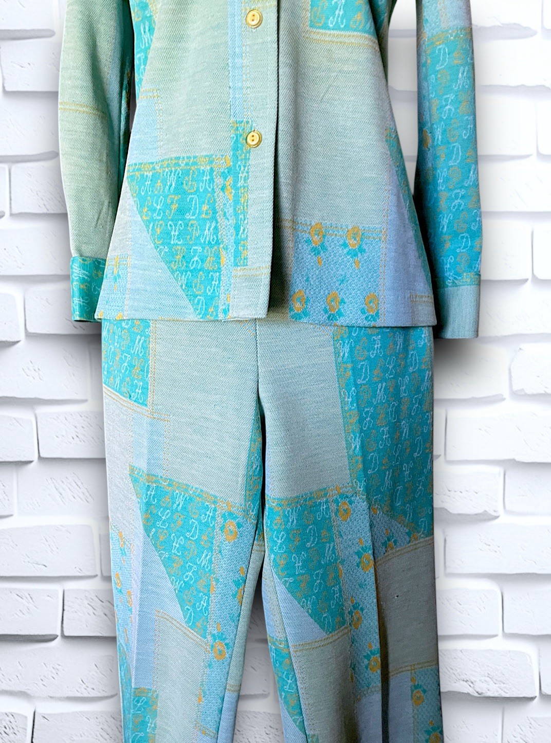 1960’s Teal, Sea Foam Green & Yellow Patchwork & Monogram Pattern Suit Spring