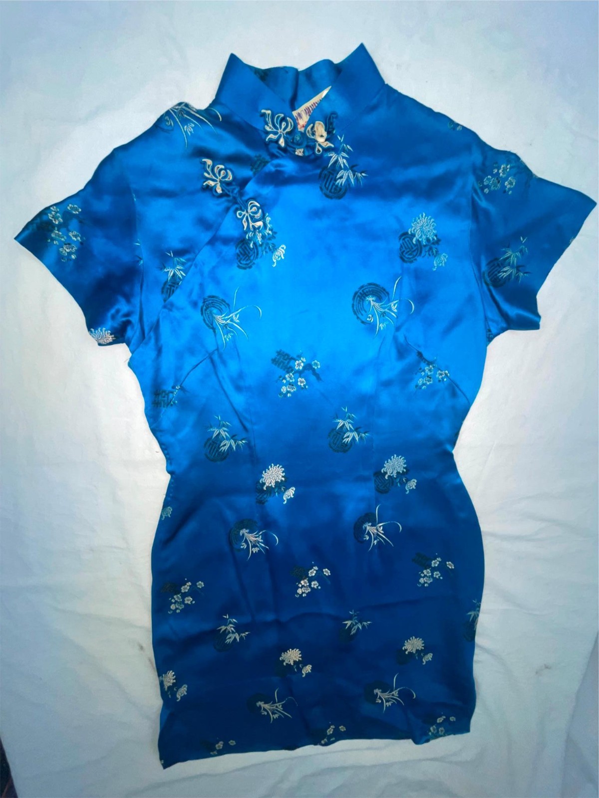 VTG 60S WOMENS S BLUE ASIAN ORIENTAL SHORT MINI SATIN SILK QIPAO CHEONGSAM DRESS