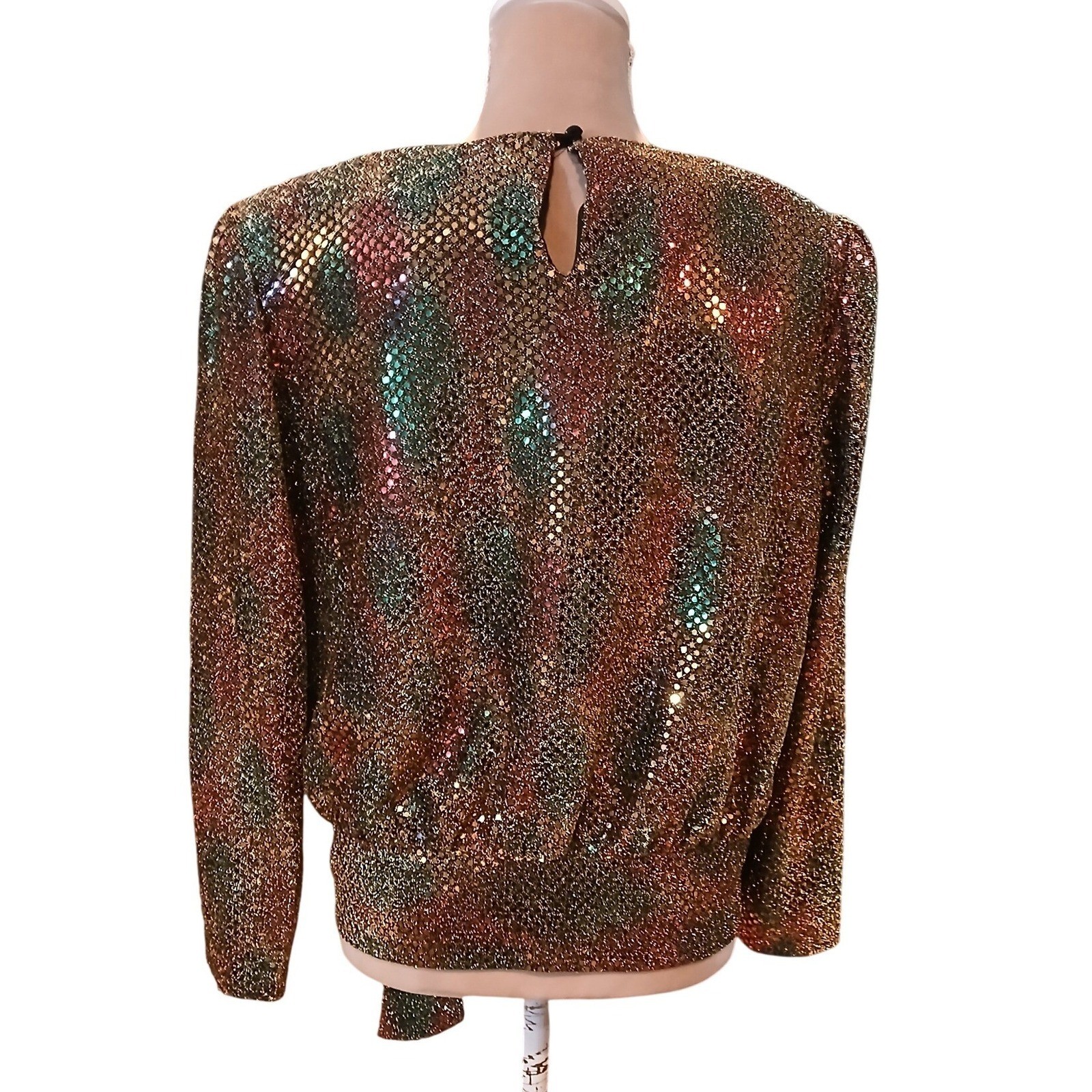 Vtg Another Thyme Medium Metallic Sequin Blouse Gold Multicolor Side Tie – READ