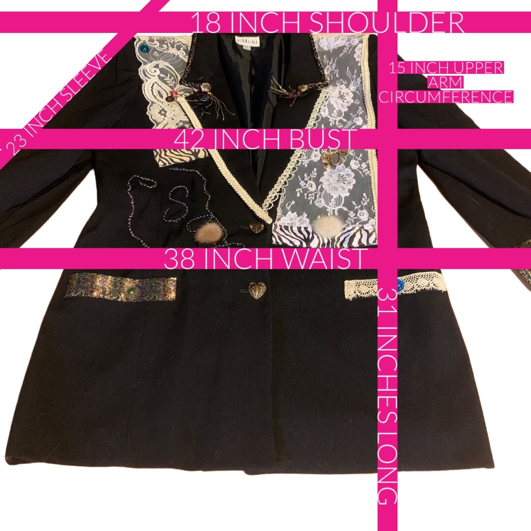 VINTAGE CIRCA 1980’S MICKI CUSTOM DESIGNED BLACK WOOL-BLEND BLAZER SIZE 14