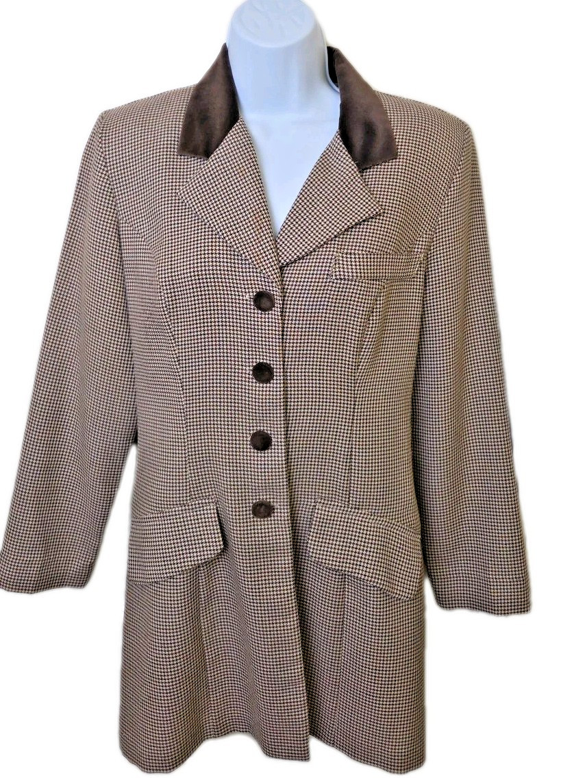 Vtg 90s Equestrian English Country Blazer Velvet Collar Buttons Check 6